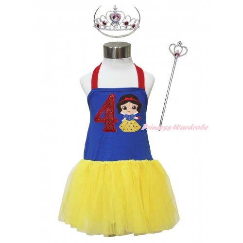 Red Royal Blue Yellow Halter Dress & 4th Sparkle Red Birthday Number & Princess Snow White & Crown Wand Set LP182