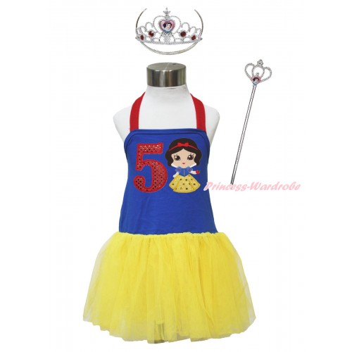 Red Royal Blue Yellow Halter Dress & 5th Sparkle Red Birthday Number & Princess Snow White & Crown Wand Set LP183