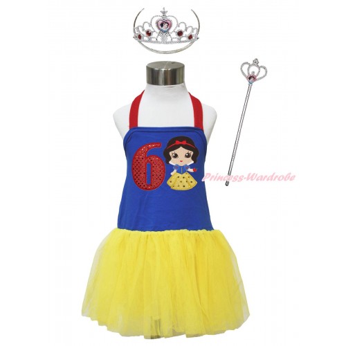 Red Royal Blue Yellow Halter Dress & 6th Sparkle Red Birthday Number & Princess Snow White & Crown Wand Set LP184
