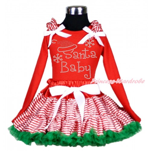  Xmas Red Long Sleeve Top Red White Striped Ruffles White Bow & Sparkle Rhinestone Santa Baby & Red White Striped mix Kelly Green Pettiskirt MB45