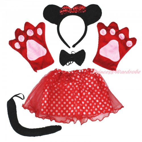 Minnie 4 Piece Set in Headband, Tie, Tail , Paw With Red White Dots Skirt PC082