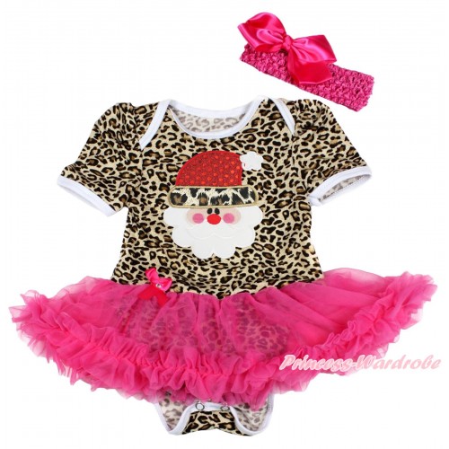 Xmas Leopard Baby Bodysuit Hot Pink Pettiskirt & Leopard Santa Claus & Hot Pink Headband Silk Bow JS4067