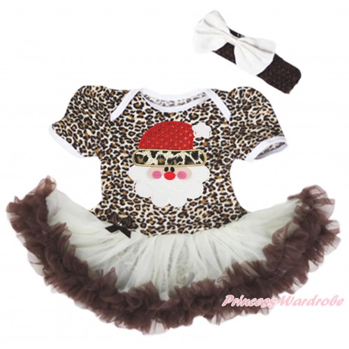 Xmas Leopard Baby Bodysuit Cream White Brown Pettiskirt & Leopard Santa Claus & Black Headband White Satin Bow JS4068
