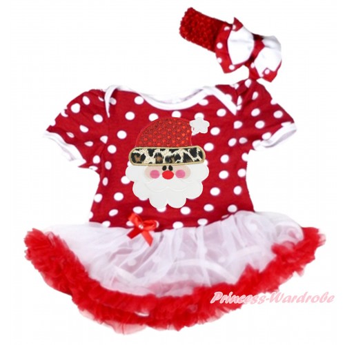 Xmas Minnie Dots Baby Bodysuit White Red Pettiskirt & Leopard Santa Claus & Red Headband White Minnie Dots Ribbon Bow JS4069
