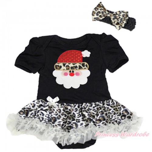 Xmas Black Baby Bodysuit Cream White Leopard Pettiskirt & Leopard Santa Claus & Black Headband Leopard Satin Bow JS4070