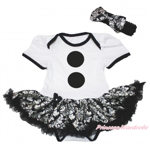 Frozen White Baby Bodysuit Damask Pettiskirt & Olaf Button Print & Black Headband Damask Satin Bow JS4200