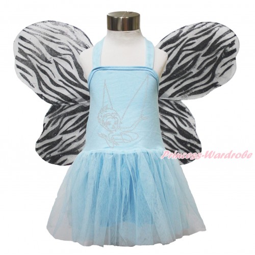Fairy Light Blue Halter Dress & Sparkle Rhinestone Periwinkle & Zebra Butterfly Wing LP201
