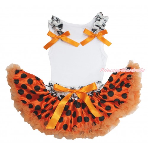 Halloween White Baby Pettitop Crown Skeleton Ruffles Orange Bows & Crown Skeleton Waist Orange Black Dots Newborn Pettiskirt NG1575