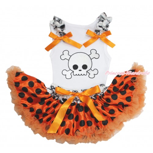 Halloween White Baby Pettitop Crown Skeleton Ruffles Orange Bows & White Skeleton Print & Crown Skeleton Waist Orange Black Dots Newborn Pettiskirt NN220