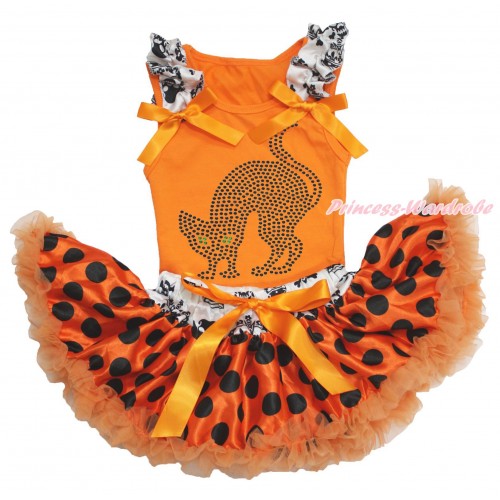 Halloween Orange Baby Pettitop Crown Skeleton Ruffles Orange Bows & Sparkle Rhinestone Black Cat & Crown Skeleton Waist Orange Black Dots Newborn Pettiskirt NO18