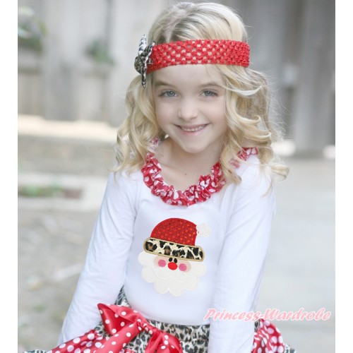 Xmas White Long Sleeves Top Minnie Dots Lacing & Leopard Santa Claus Print TW517