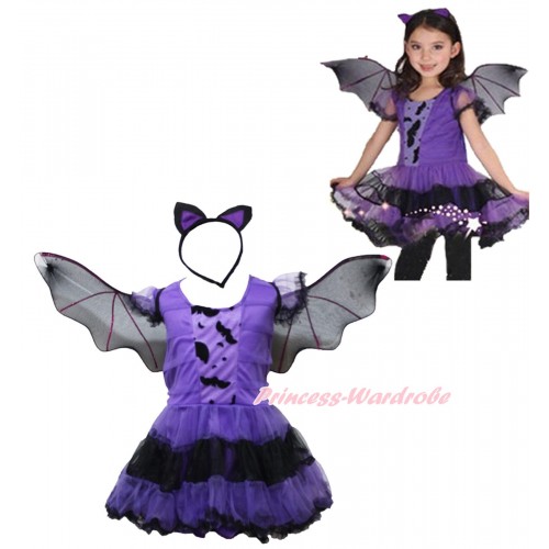 Bat Dark Purple Black One Piece Dress & Wing & Headband Halloween Costume C322