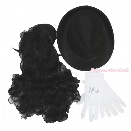 Michael Jackson Hair Wig & Hat & Gloves 3PC Costume Set C327