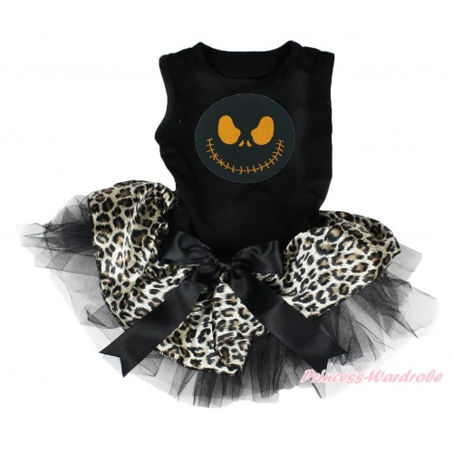 Halloween Black Sleeveless Leopard Black Gauze Skirt & Nightmare Before Christmas Jack & Black Bow Pet Dress DC185