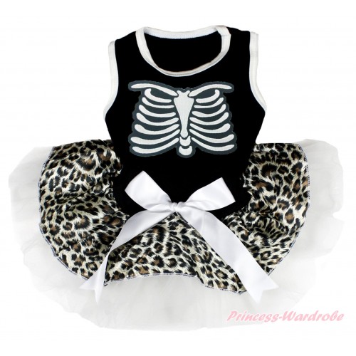 Halloween Black Sleeveless Leopard White Gauze Skirt & Skeleton Rib & White Bow Pet Dress DC188