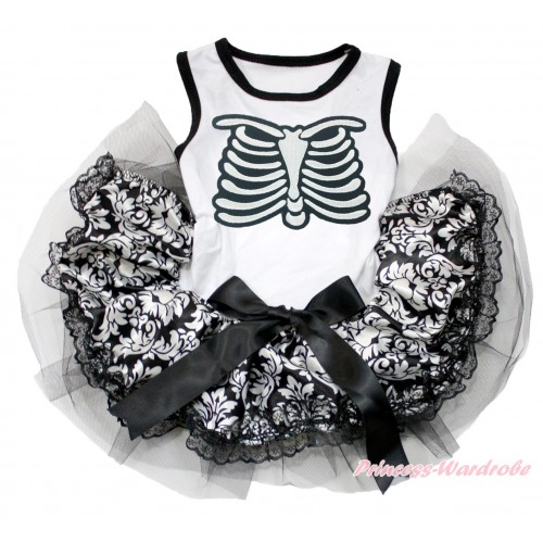Halloween White Sleeveless Damask Lace Gauze Skirt & Skeleton Rib & Black Bow Elegent Pet Dress DC189