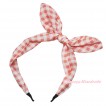Light Pink White Checked Rabbit Bunny Ear Bow Headband H904