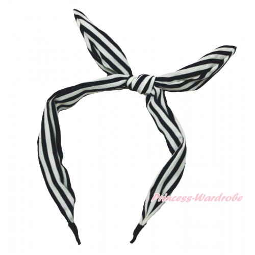 Black White Striped Rabbit Bunny Ear Bow Headband H905
