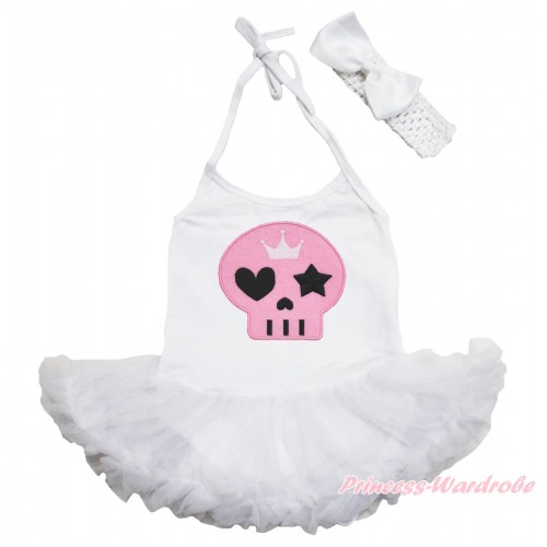 Halloween White Baby Halter Jumpsuit Pettiskirt & Light Pink Skeleton & White Headband Silk Bow JS3938