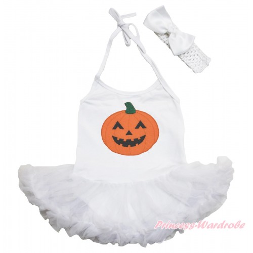 Halloween White Baby Halter Jumpsuit Pettiskirt & Pumpkin & White Headband Silk Bow JS3939