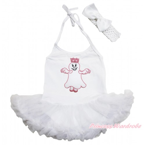 Halloween White Baby Halter Jumpsuit Pettiskirt & Princess Ghost & White Headband Silk Bow JS3941