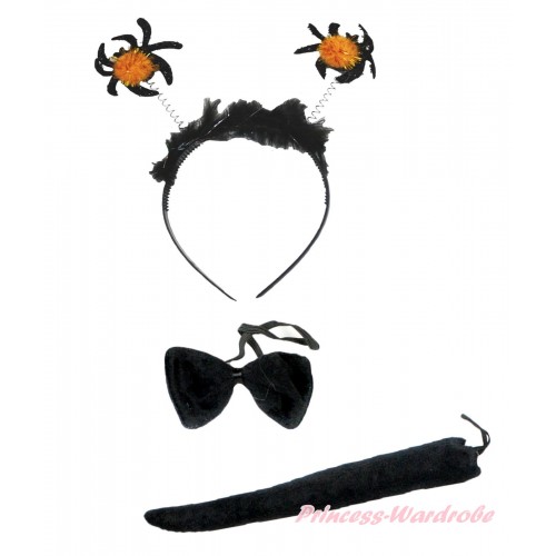 Halloween Sparkle Black Spider 3 Piece Set in Headband, Tie, Tail PC081