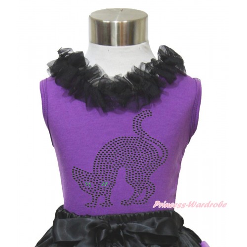 Halloween Dark Purple Tank Top Black Chiffon Lacing & Sparkle Rhinestone Black Cat TN258