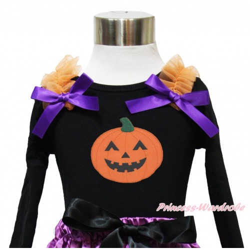 Halloween Black Long Sleeves Top Orange Ruffles Dark Purple Bow & Pumpkin Print TO374