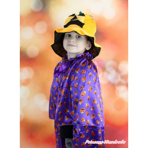 Halloween Pumpkin Dark Purple Satin Shawl Coat Cape & Pumpkin Warm Hat Party Costume C339