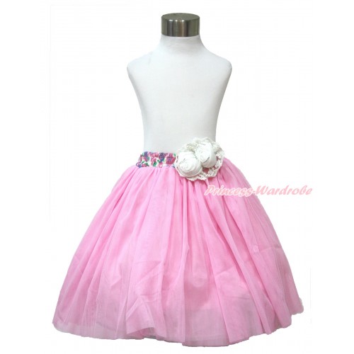 White Pearl Satin Rose With Rainbow Floral Fusion Waist Light Pink Chiffon Maxi Skirt B266