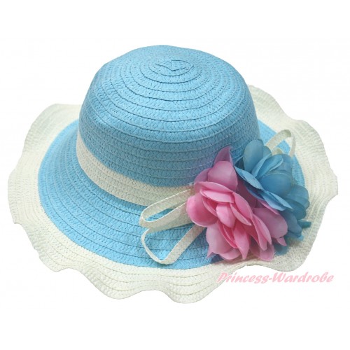 Light Blue Cream White Summer Beach Straw Hat With Light Pink & Light Blue Flower H853