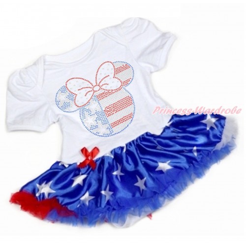 4th July White Baby Bodysuit Jumpsuit Patriotic American Star Pettiskirt with Sparkle Crystal Bling Rhinestone 4th July Minnie Print JS3341
