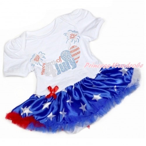 4th July White Baby Bodysuit Jumpsuit Patriotic American Star Pettiskirt with Sparkle Crystal Bling Rhinestone 4th July Patriotic American Heart Print JS3342