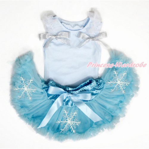 Light Blue Baby Pettitop & White Ruffles & Sparkle Silver Grey Bows with Snowflakes Light Blue Newborn Pettiskirt NG1471