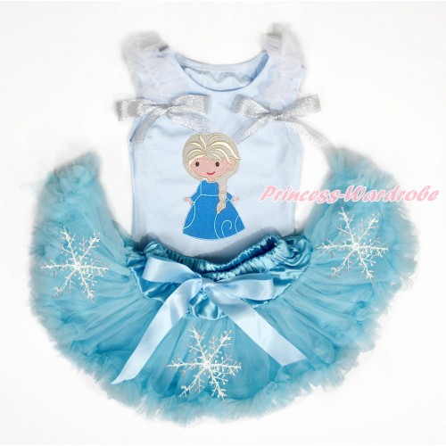 Light Blue Baby Pettitop with White Ruffles & Sparkle Silver Grey Bows with Princess Elsa Print with Snowflakes Light Blue Newborn Pettiskirt NG1472