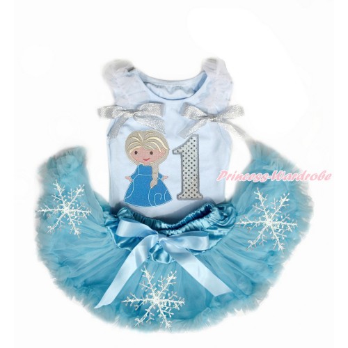 Light Blue Baby Pettitop with White Ruffles & Sparkle Silver Grey Bows with Princess Elsa & 1st Sparkle White Birthday Number Print with Snowflakes Light Blue Newborn Pettiskirt NG1473