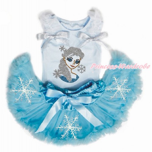 Light Blue Baby Pettitop with White Ruffles & Sparkle Silver Grey Bows with Sparkle Crystal Bling Rhinestone Princess Elsa Print with Snowflakes Light Blue Newborn Pettiskirt NG1474