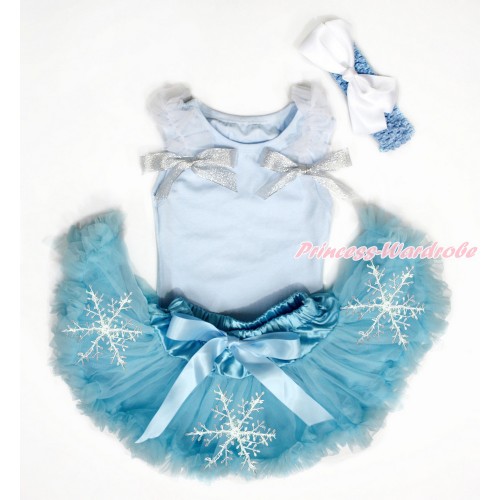 Light Blue Baby Pettitop & White Ruffles & Sparkle Silver Grey Bow with Snowflakes Light Blue Newborn Pettiskirt With Light Blue Headband White Silk Bow NG1475