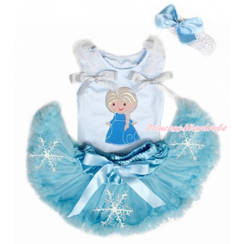 Light Blue Baby Pettitop with White Ruffles & Sparkle Silver Grey Bows with Princess Elsa Print & Snowflakes Light Blue Newborn Pettiskirt With Light Blue Headband White Silk Bow NG1476