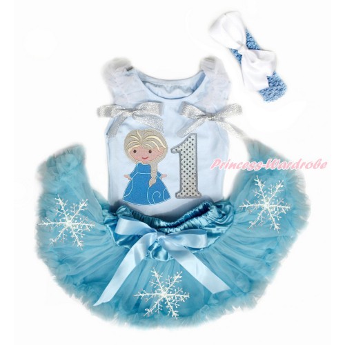 Light Blue Baby Pettitop with White Ruffles & Sparkle Silver Grey Bows with Princess Elsa & 1st Sparkle White Birthday Number Print & Snowflakes Light Blue Newborn Pettiskirt With Light Blue Headband White Silk Bow NG1477