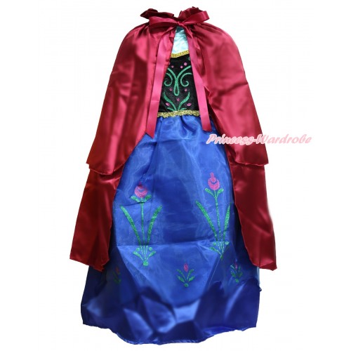 Frozen Princess Anna Long Sleeve Dress Up Party Costume with Raspberry Wine Red Satin Cape Set C004-1