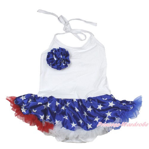 White Baby Halter Jumpsuit Patriotic American Star Pettiskirt With One Patriotic American Star Rose JS3358