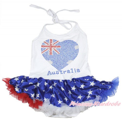 4th July White Baby Halter Jumpsuit Patriotic American Star Pettiskirt With Sparkle Crystal Bling Rhinestone Australia Heart Print JS3361