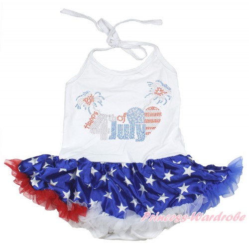 4th July White Baby Halter Jumpsuit Patriotic American Star Pettiskirt With Sparkle Crystal Bling Rhinestone 4th July Patriotic American Heart Print JS3362