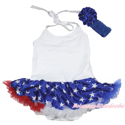 White Baby Halter Jumpsuit Patriotic American Star Pettiskirt With Royal Blue Headband Patriotic American Star Rose JS3363