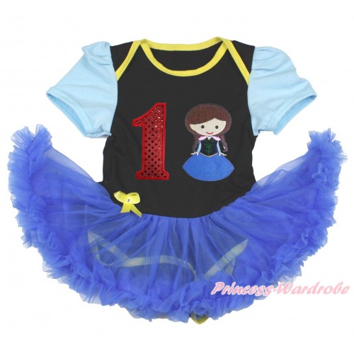 Light Blue Sleeve Black Baby Bodysuit Jumpsuit Royal Blue Pettiskirt with 1st Sparkle Red Birthday Number & Princess Anna Print JS3376