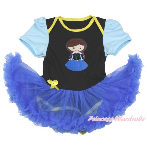 Light Blue Sleeve Black Baby Bodysuit Jumpsuit Royal Blue Pettiskirt with Princess Anna Print JS3379