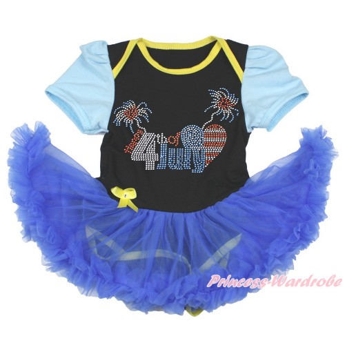 4th July Light Blue Sleeve Black Baby Bodysuit Jumpsuit Royal Blue Pettiskirt with Sparkle Crystal Bling Rhinestone 4th July Patriotic American Heart Print JS3382