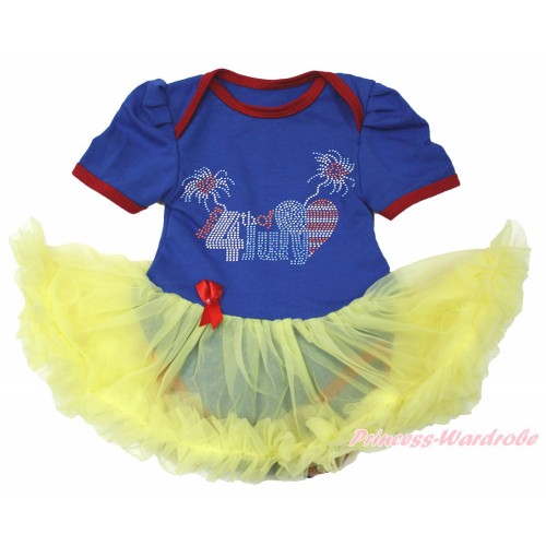 4th July Royal Blue Red Ruffles Baby Bodysuit Jumpsuit Yellow Pettiskirt with Sparkle Crystal Bling Rhinestone 4th July Patriotic American Heart Print JS3383