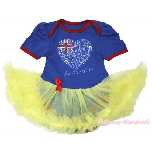 World Cup Royal Blue Red Ruffles Baby Bodysuit Jumpsuit Yellow Pettiskirt with Sparkle Crystal Bling Rhinestone Australia Heart Print JS3385